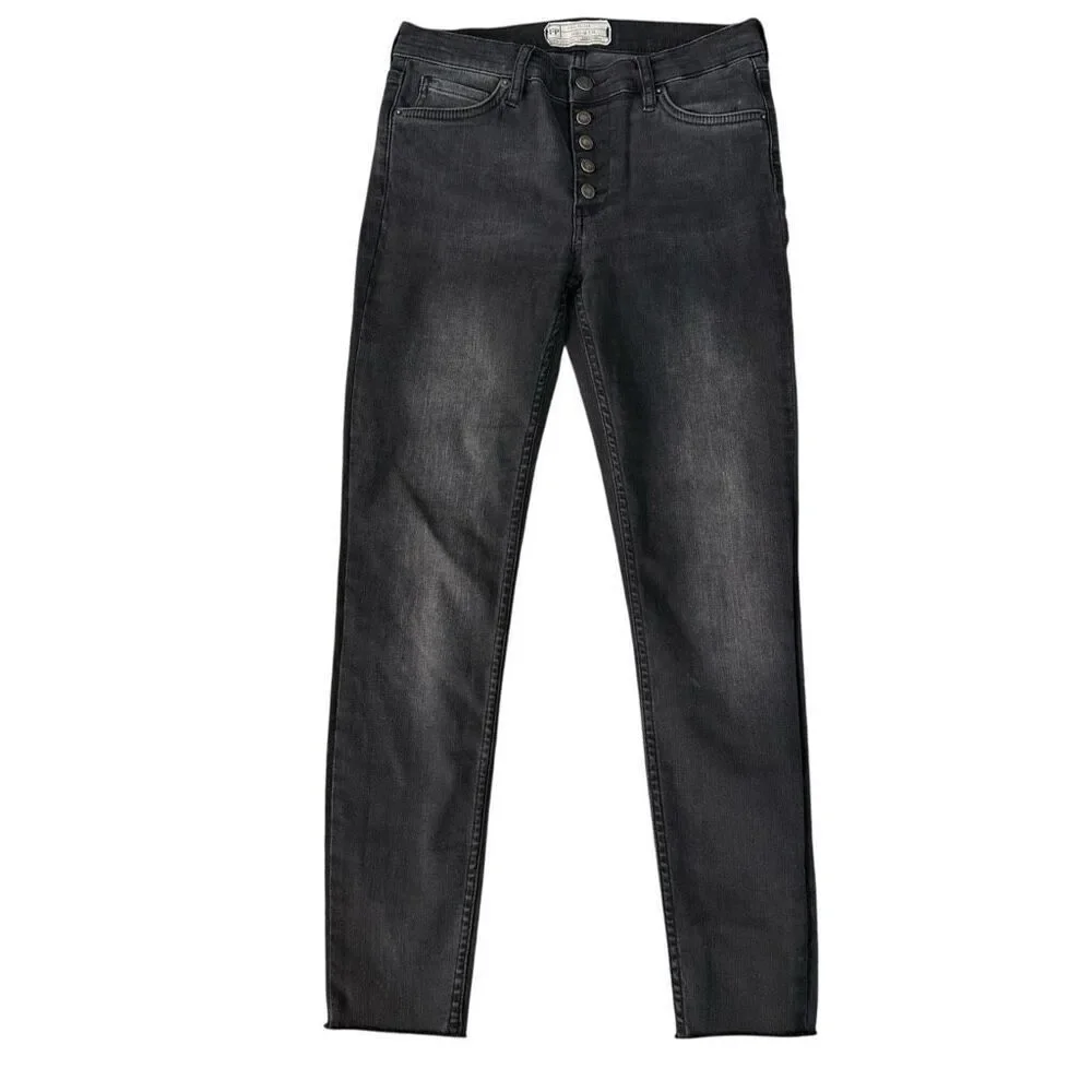 Free People Women's Black Stretch Denim Skinny Pants Jeans Size 27 raw hem